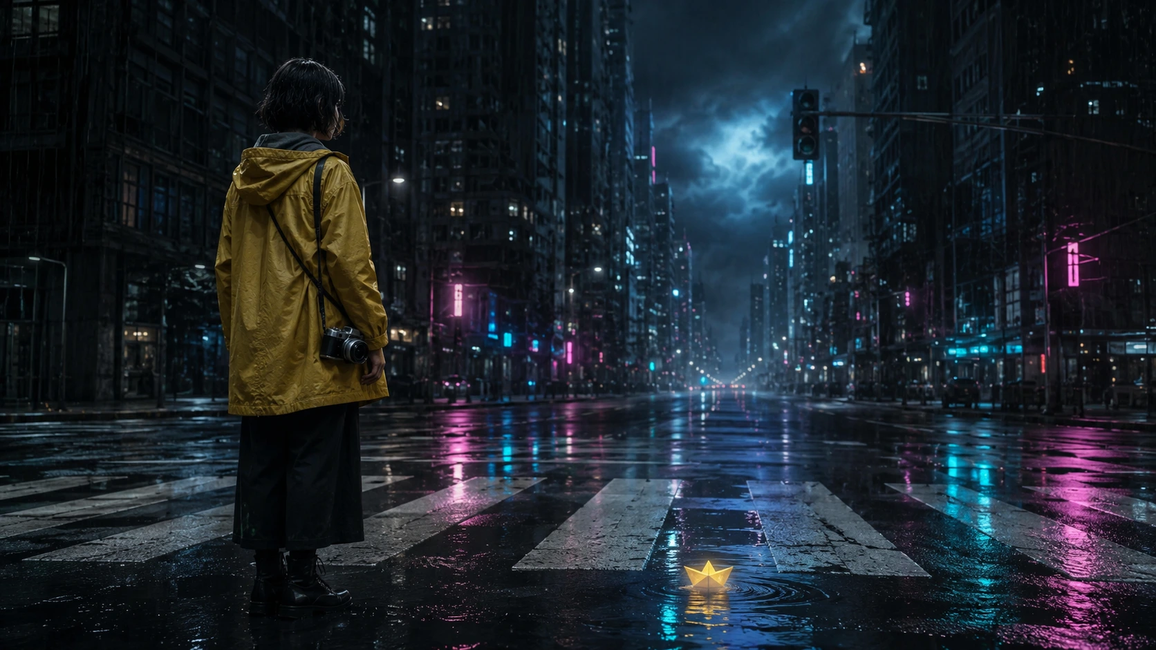 Keyframe 1: character standing on a rooftop at sunset