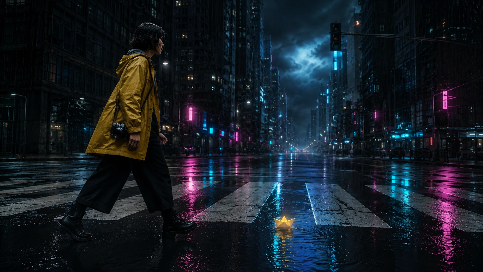 Keyframe 2: character turning toward the city lights