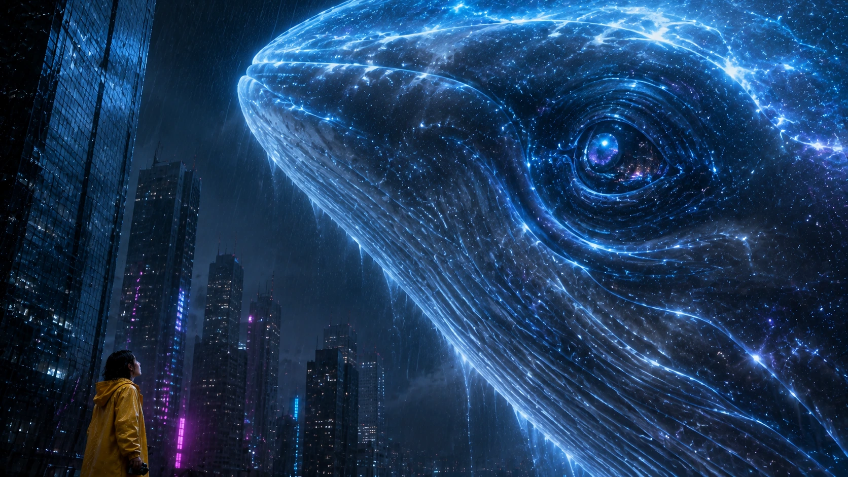 Keyframe 6: character moving through rain and light