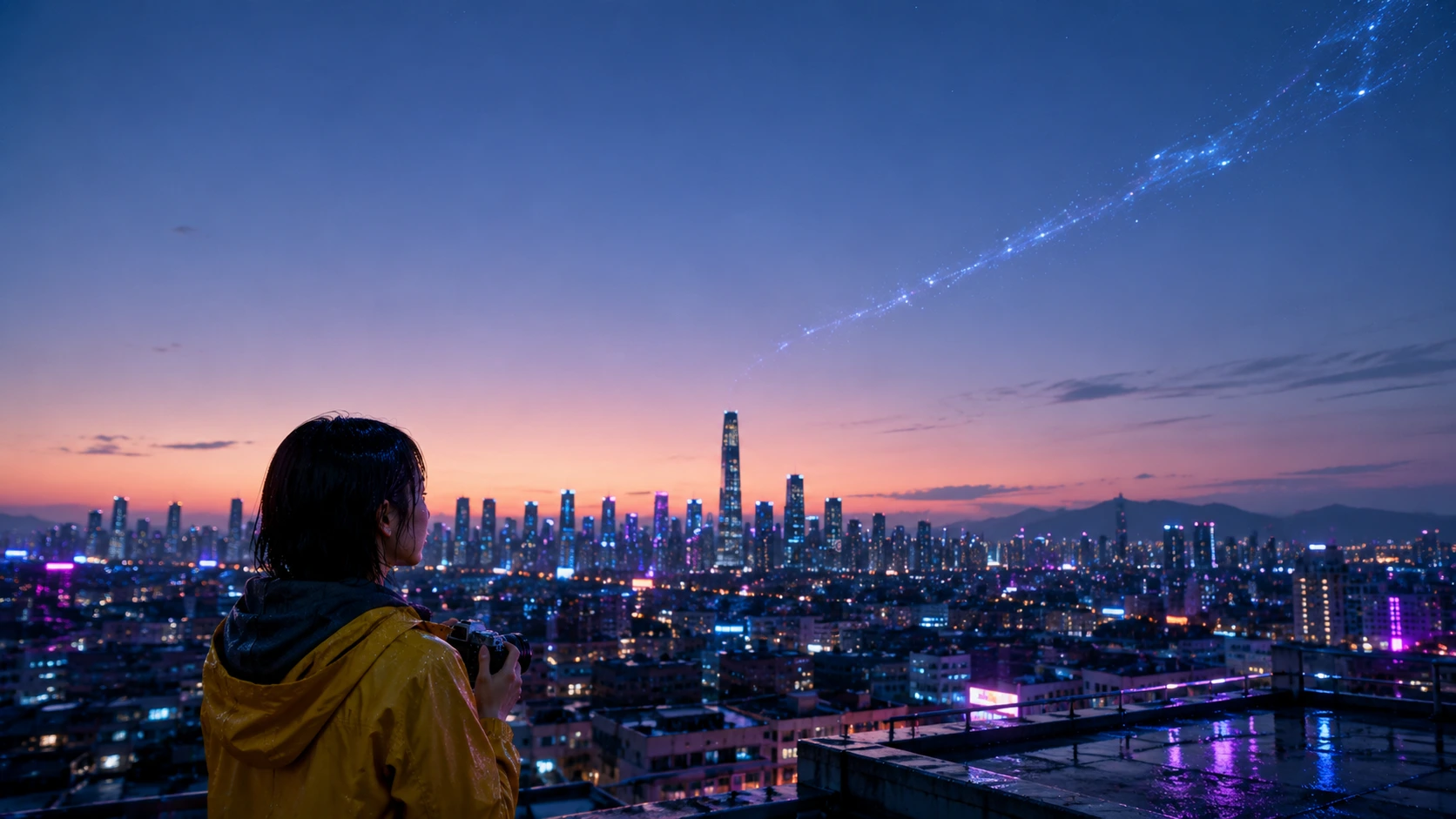 Keyframe 8: character overlooking the transformed city