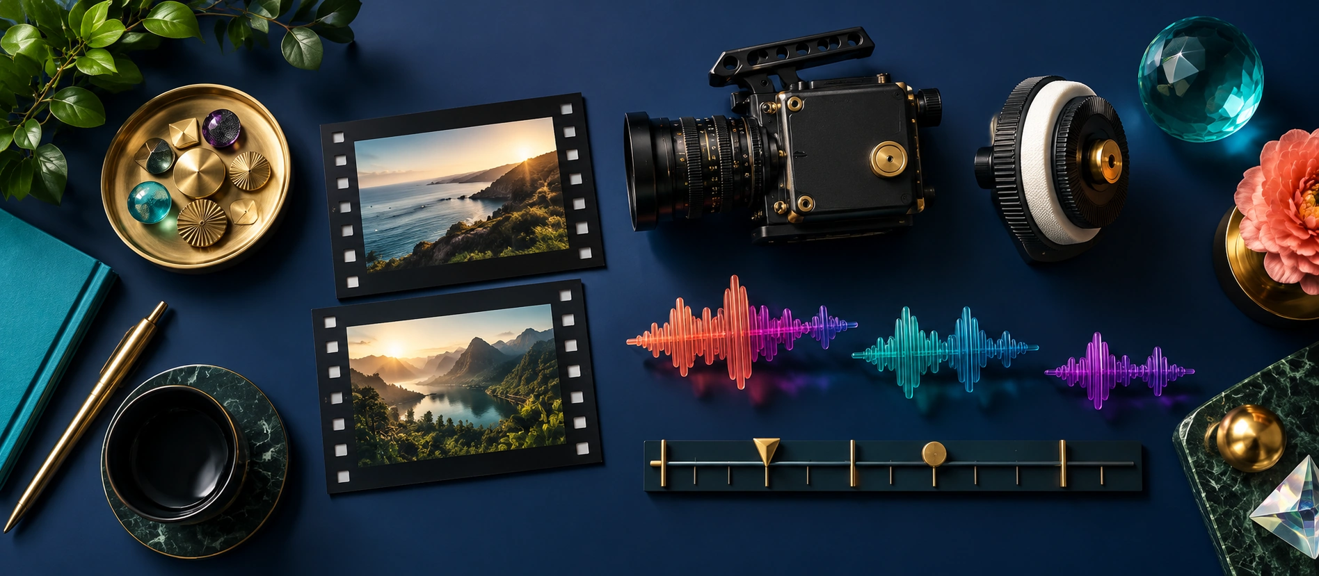 Camera, audio, timing, and creative controls arranged on a studio table