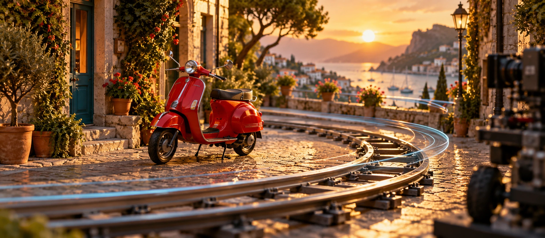 A red scooter following a cinematic camera path through a bright coastal village