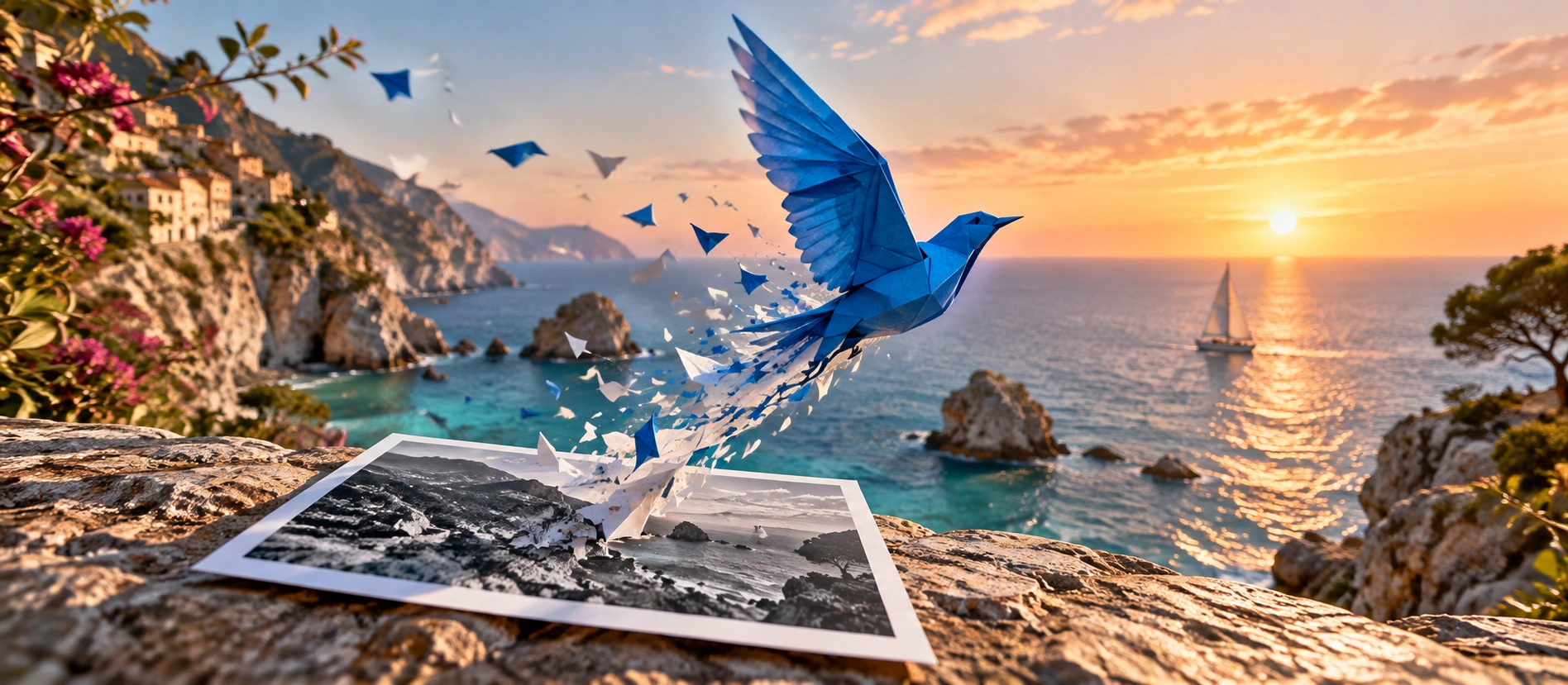 A blue paper bird moving from a monochrome photograph into a vivid coastal sunset